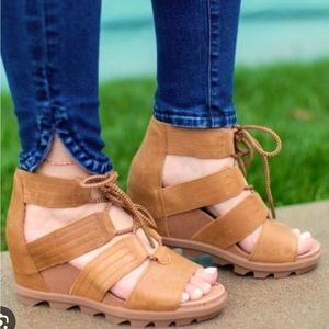 Sorel Women’s Wedge Sandals-Joanie II Leather Brown size 8